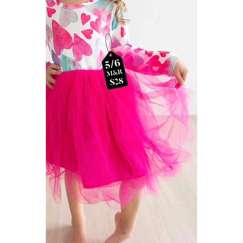 Girls' Heart Print Dress with Pink Tulle Skirt